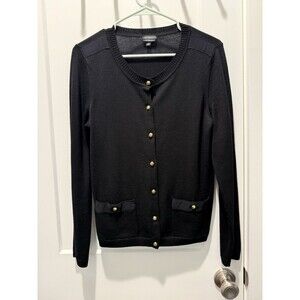 Talbots Military Cardigan Sweater Black Merino Wool Gold Buttons Medium Pockets